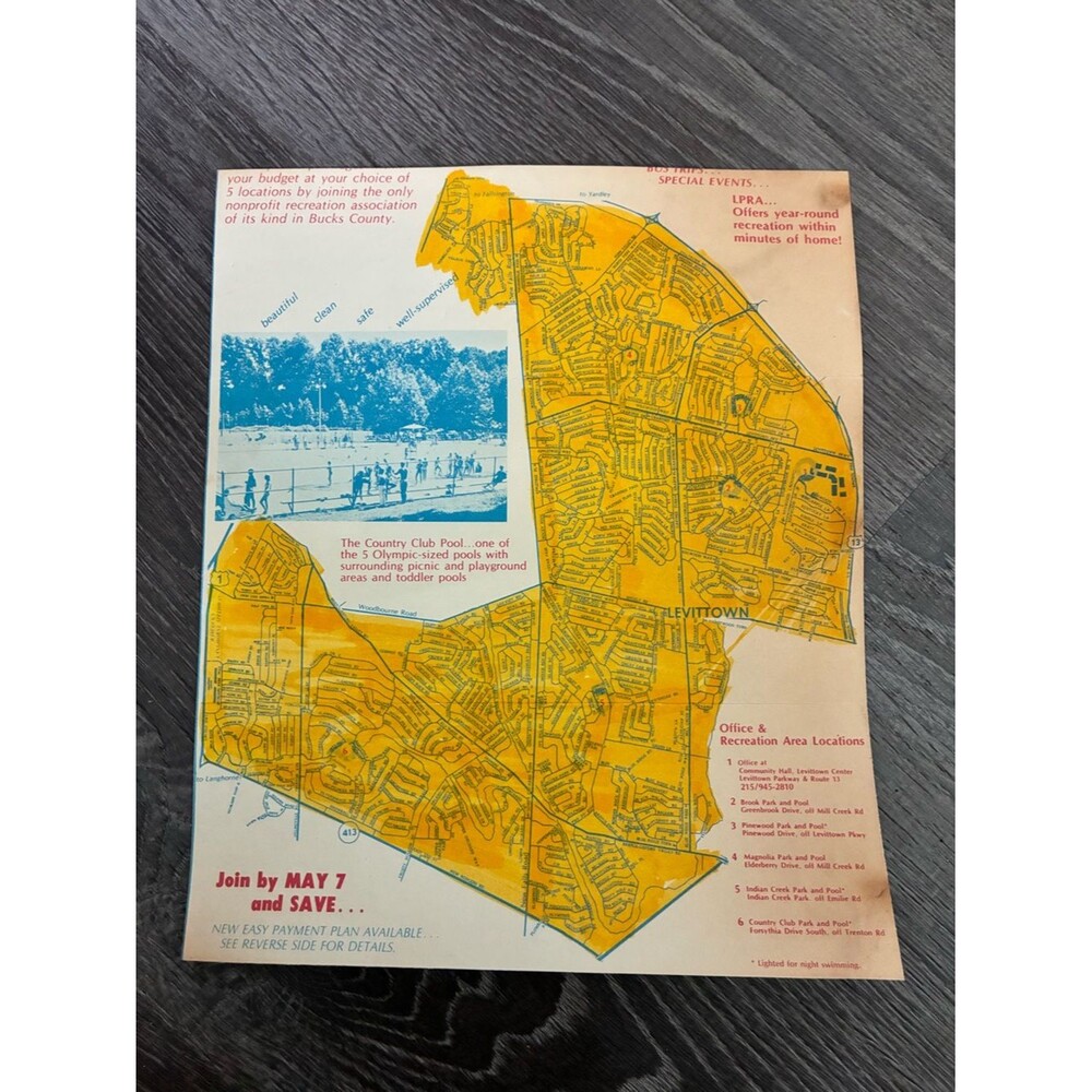 vintage country club pool membership brochure street map for Levittown, Penn